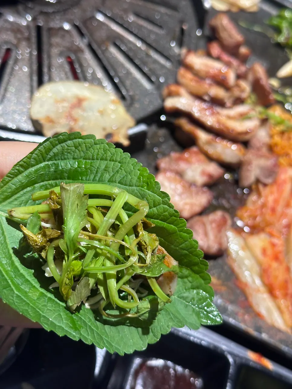 Grill pan with meat and side dishes together