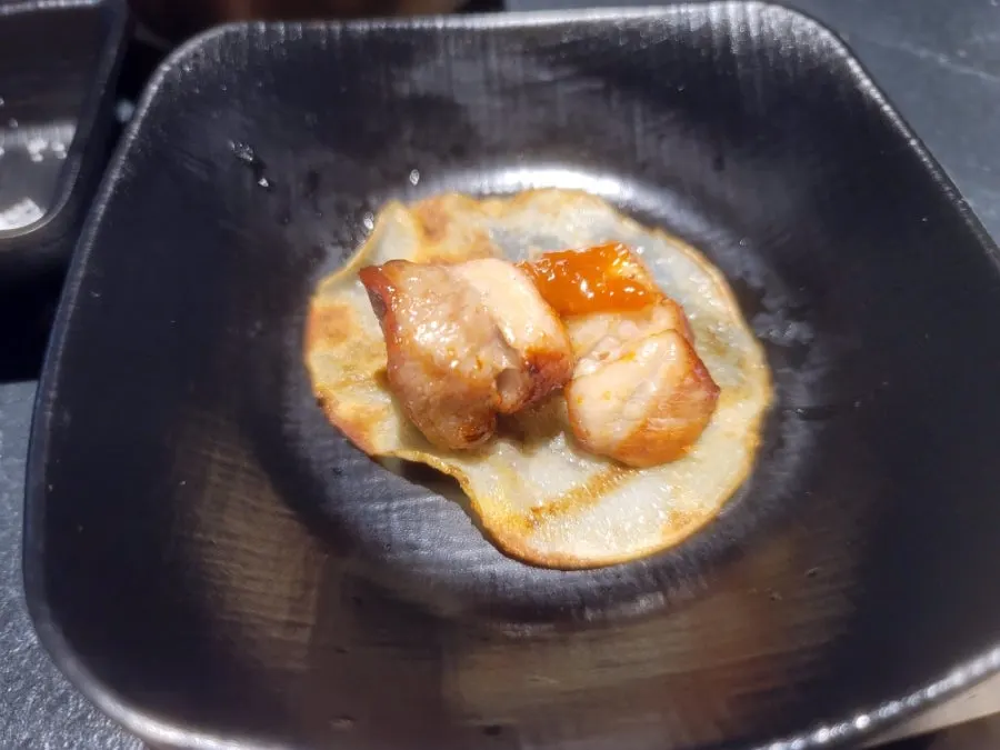 Potato, king oyster mushroom, and gochu grilling together