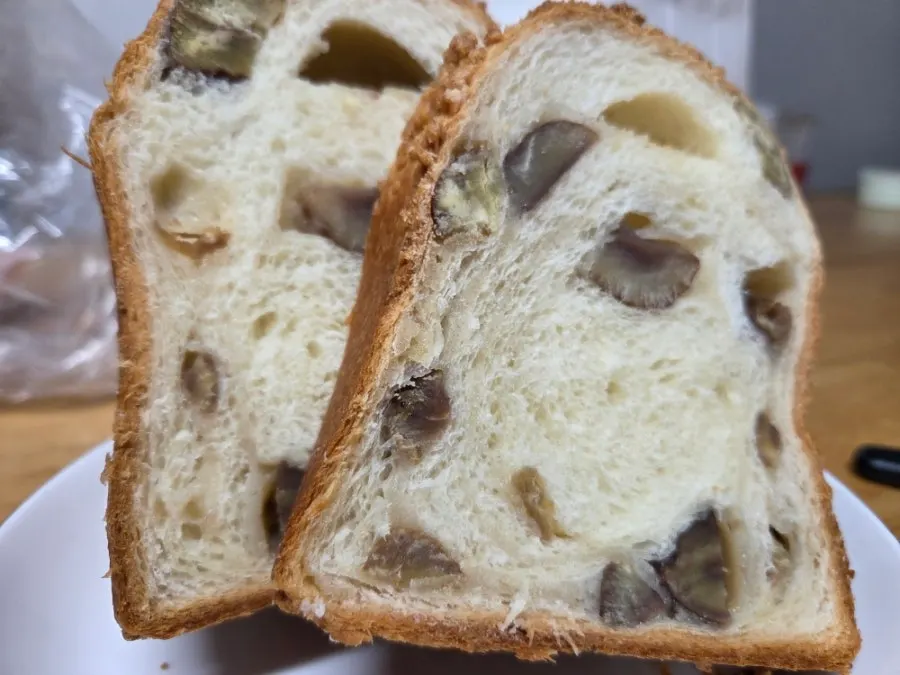 Cross-section of Soboro Chestnut Rice Cake milk bread filled with chestnuts