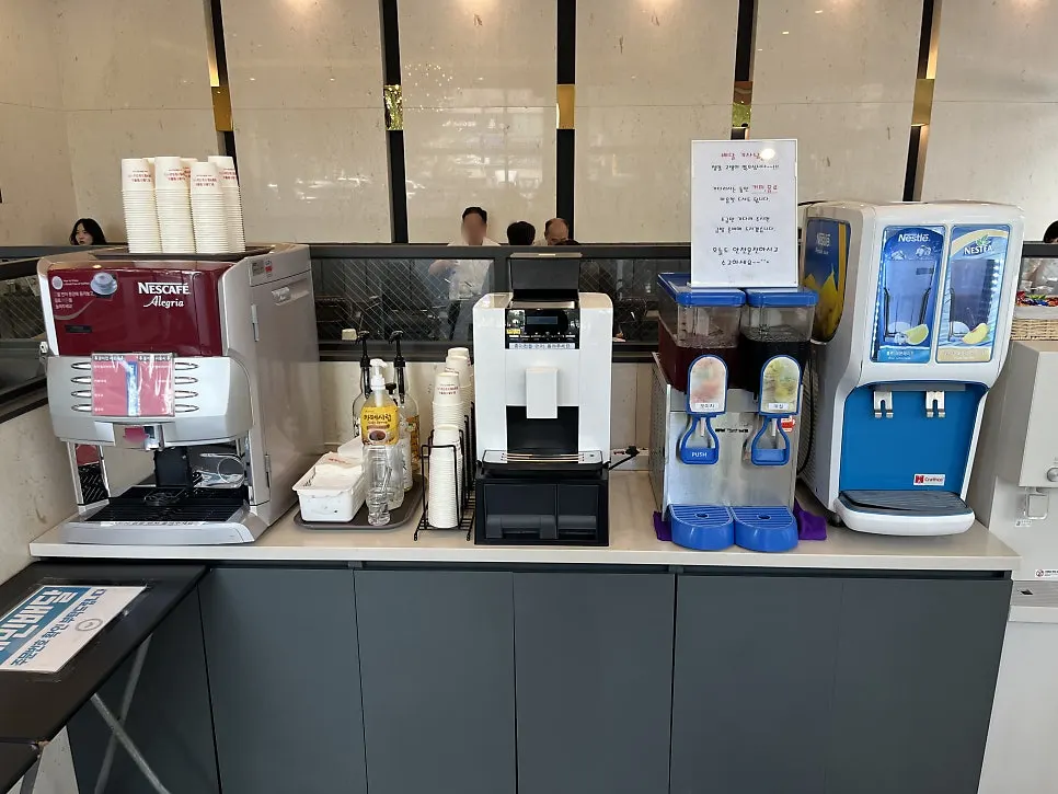 Self-serve corner for drinks and coffee