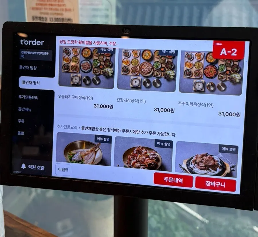 Menu board listing single dishes and table setting prices