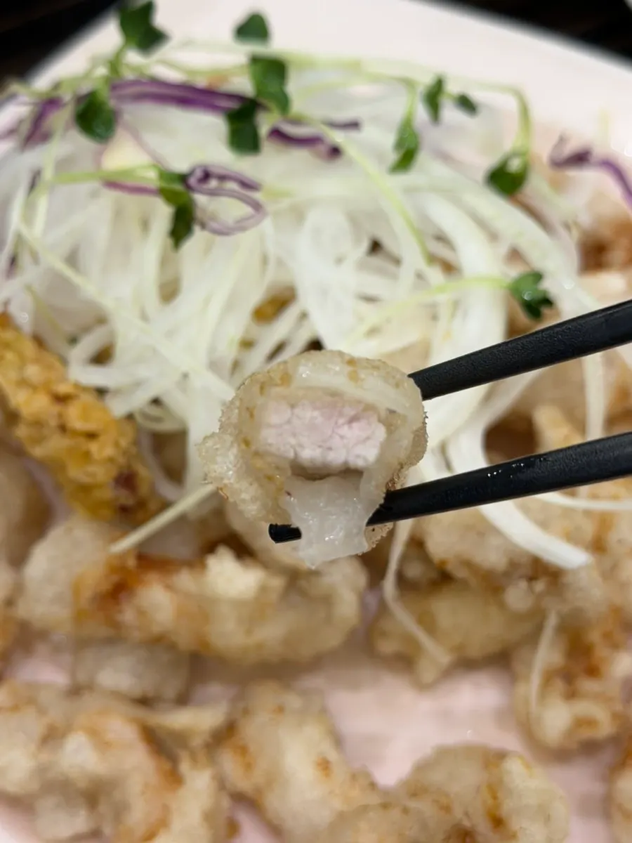 もちもちのもち米衣の酢豚断面