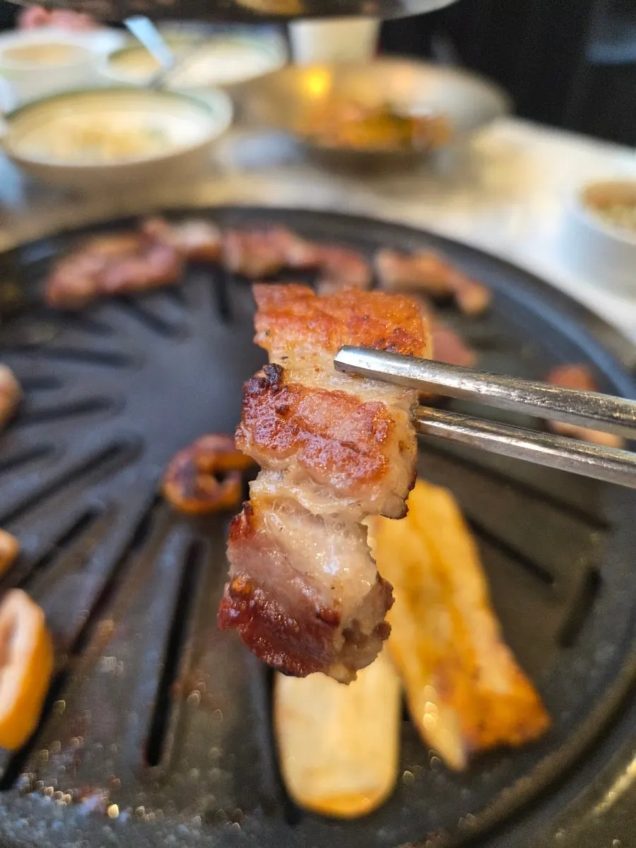 Golden-seared pork belly and mushrooms