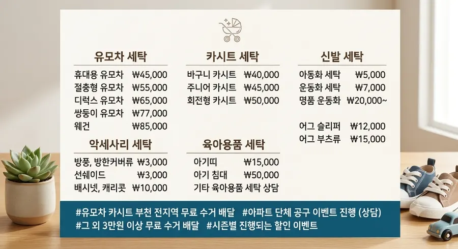 Price list for stroller, car seat, and sneaker laundry