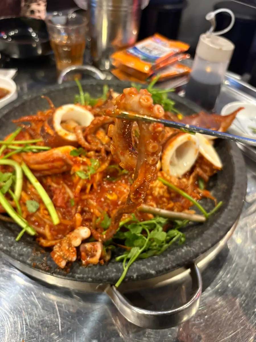 Plump shrimp in the monkfish stew
