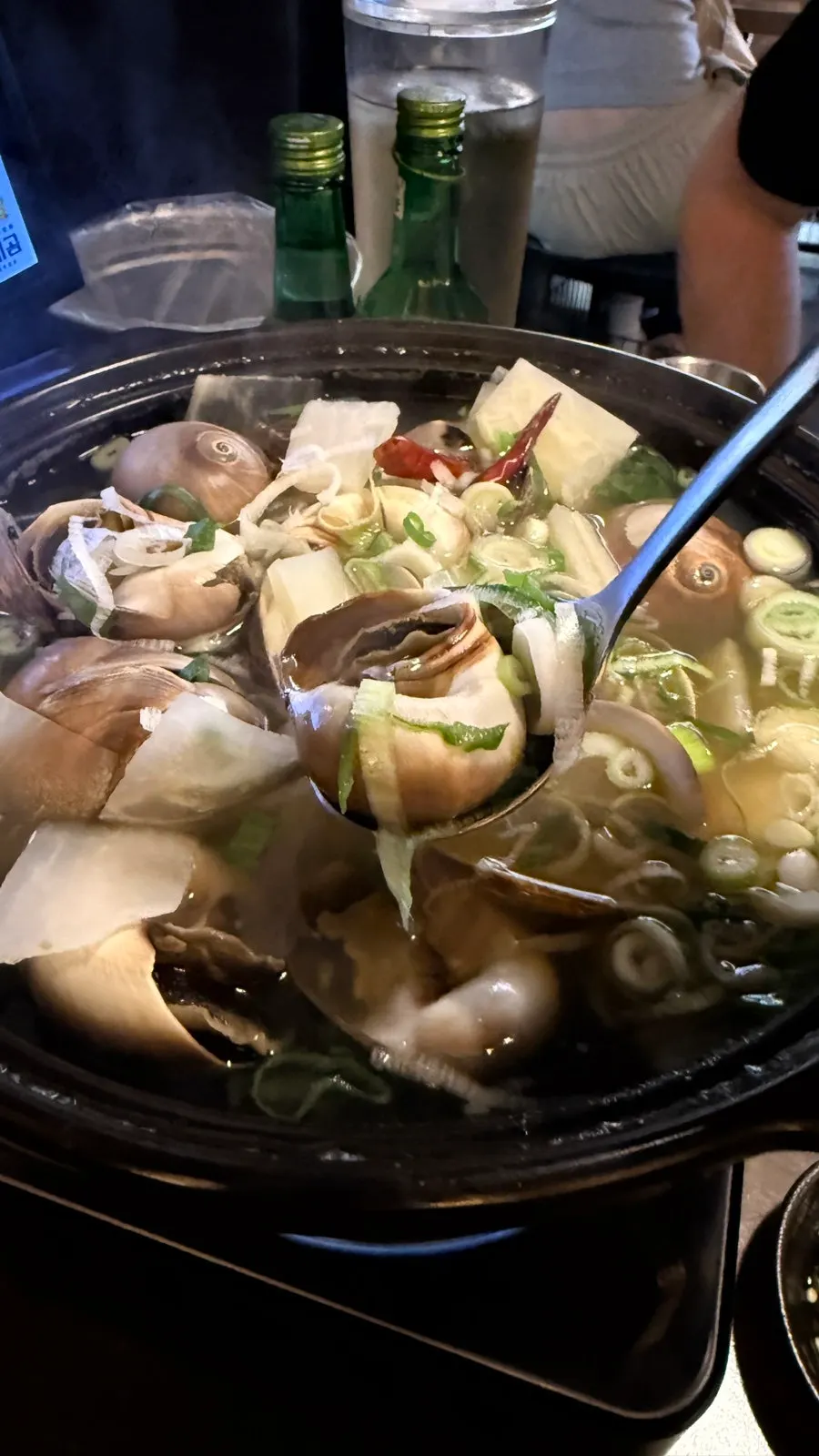 Ladle scooping up ingredients from the whelk stew