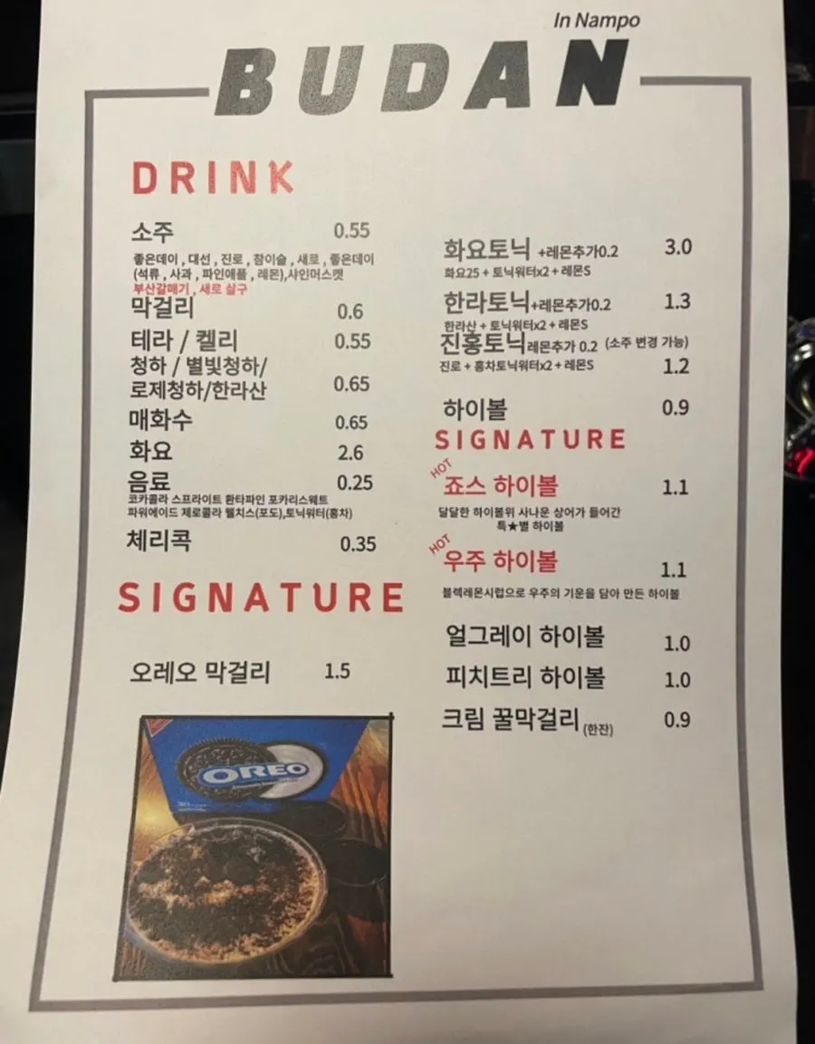 Menu page for sides and desserts at Budan Nampo Branch