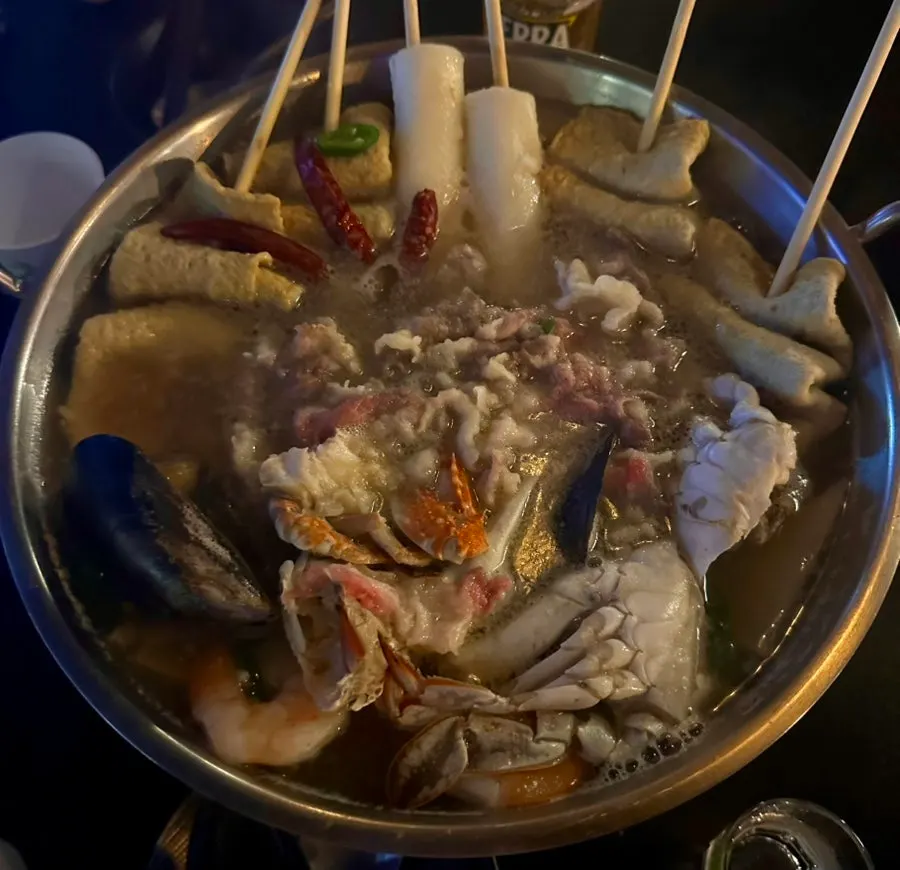 Beef brisket seafood odeng-tang bubbling on the stove