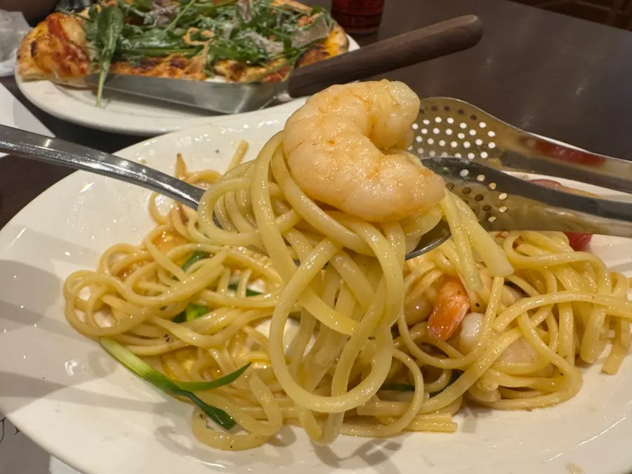 Shrimp anchovy oil pasta topped with shrimp