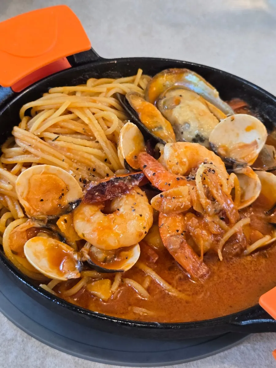 Close-up of the carbonara showing the springy noodles
