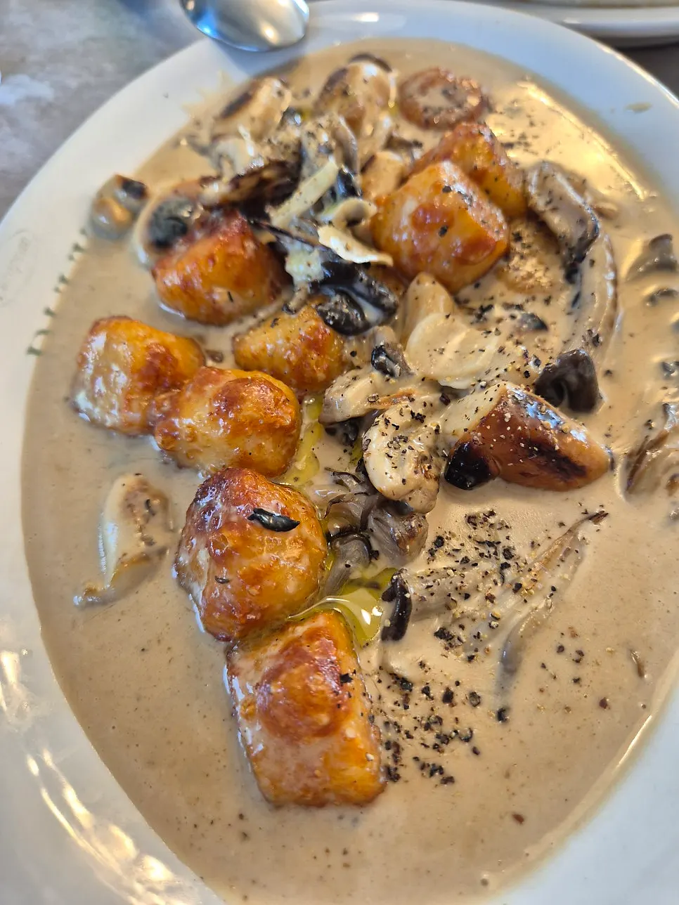 Table setting with truffle mushroom cream gnocchi and pizza together
