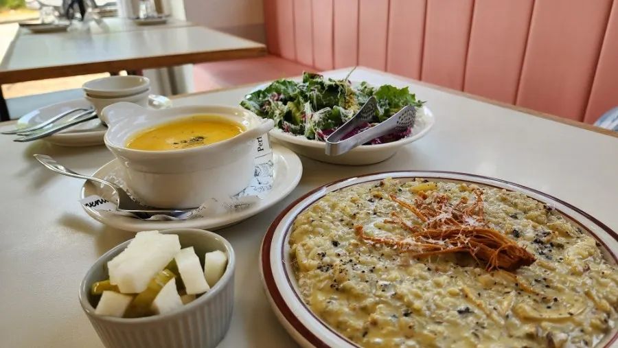Mushroom grilled salad and abalone cream risotto