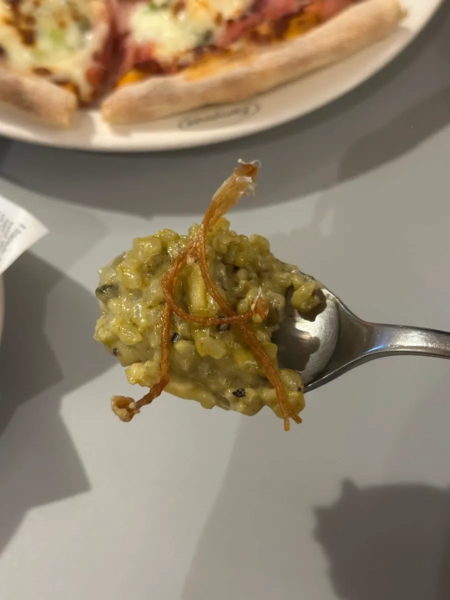 Close-up of cream risotto showing abalone and clam meat