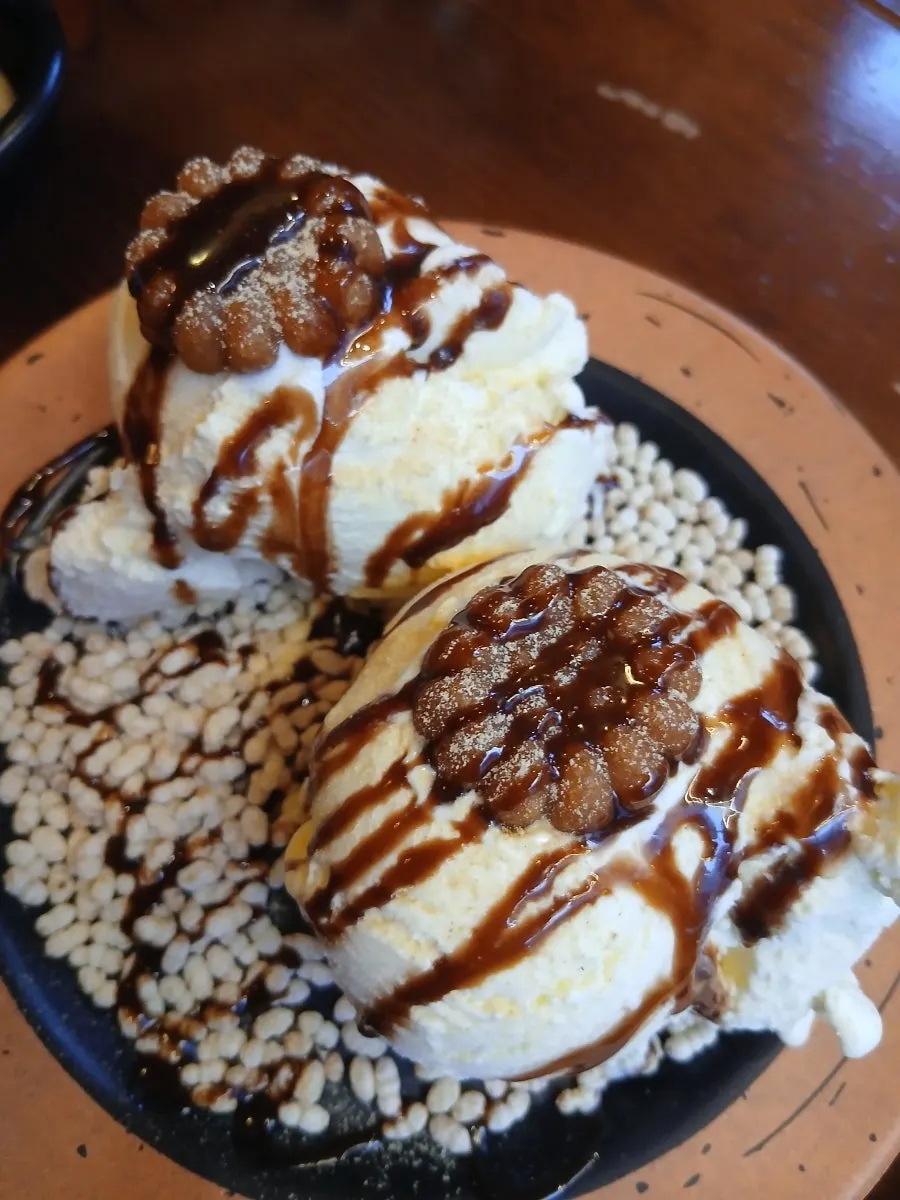 Two scoops of vanilla ice cream drizzled with chocolate syrup