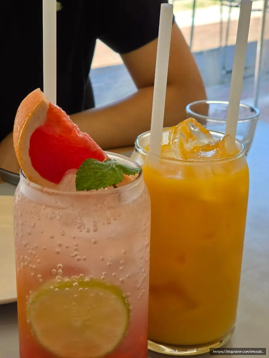 Two drinks: grapefruit ade and single orange