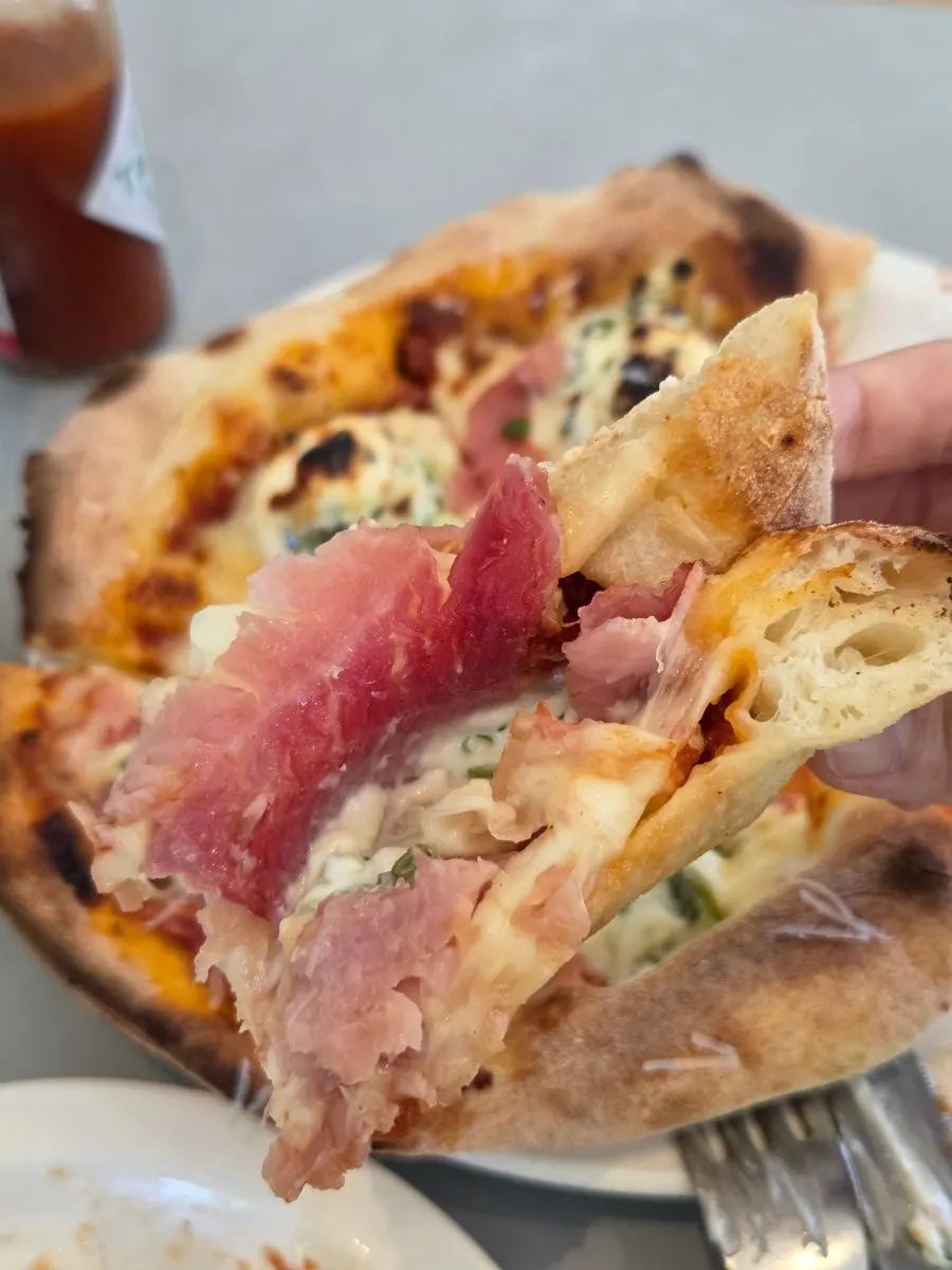 A plate with leftover pizza slices