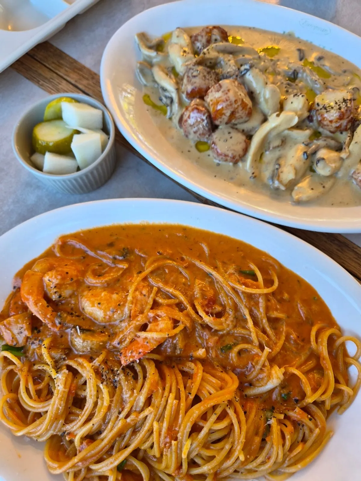 Shrimp rosé pasta topped with plump shrimp