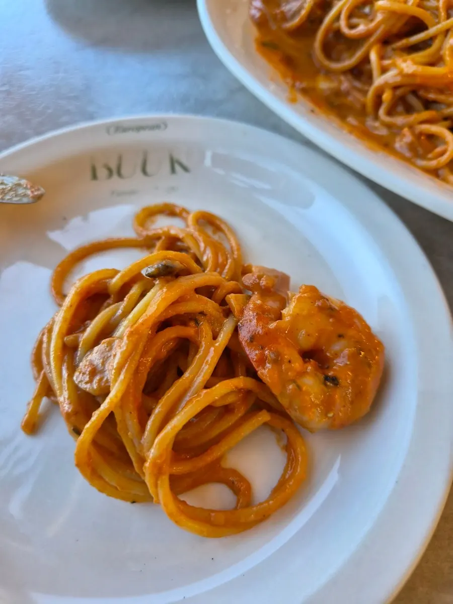 Rosé pasta noodles coated thoroughly in sauce
