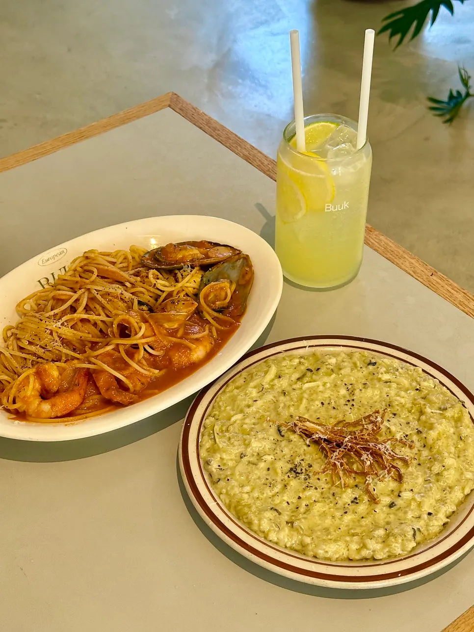 Menu lineup including pasta, risotto, pilaf, and pizza