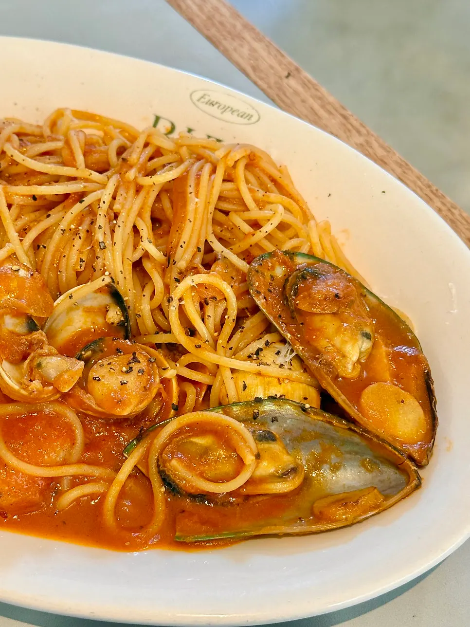 Tomato pasta with shrimp and baby clams