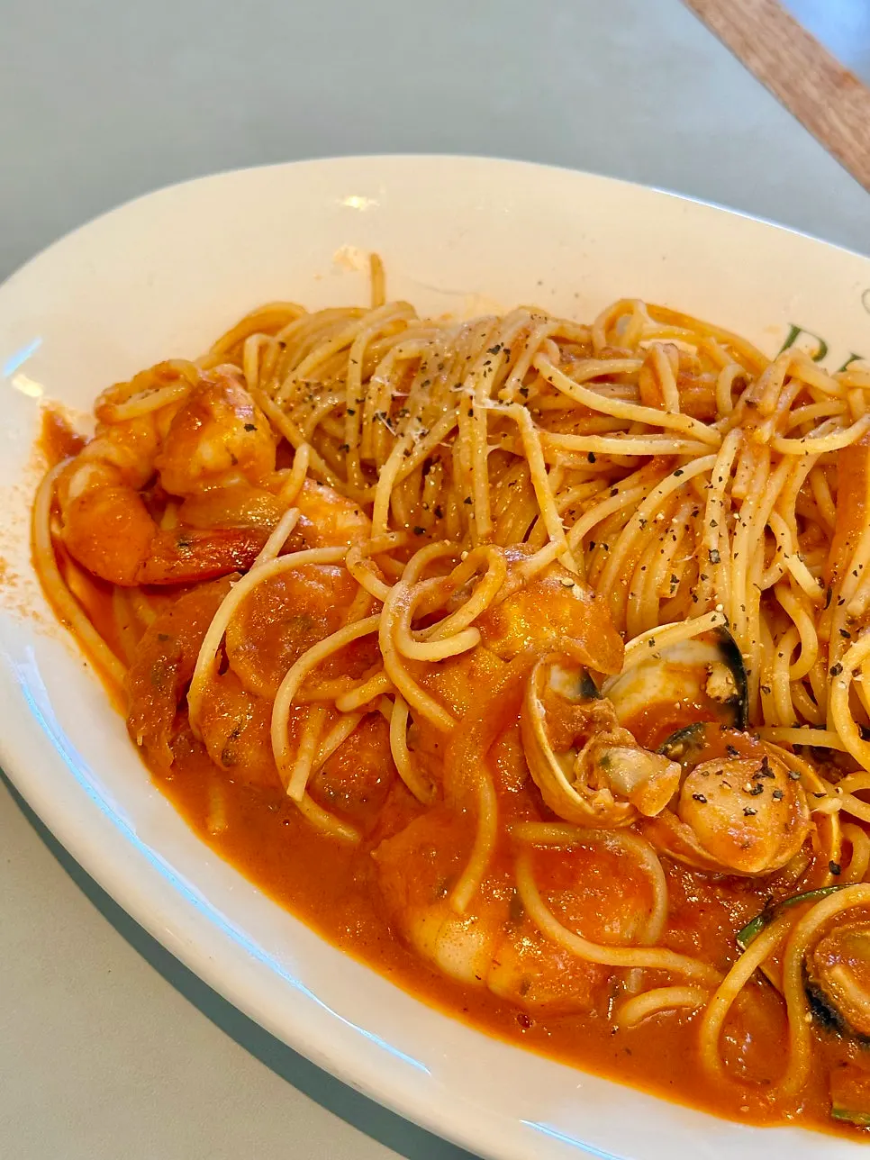 Close-up of the seafood-packed tomato pasta