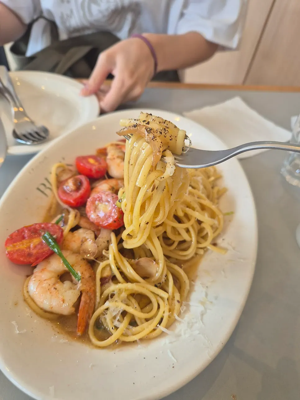 Shrimp anchovy oil pasta topped with shrimp