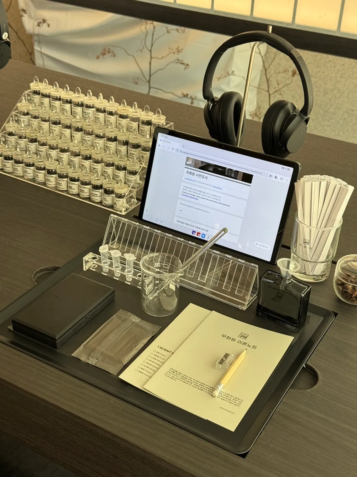 Scent strips and blending tools laid out on the table