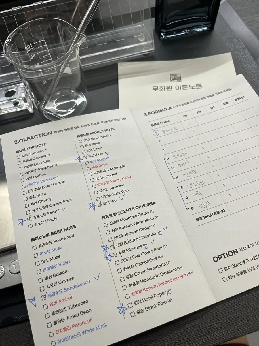 원료 향을 맡으며 적은 사전조사지