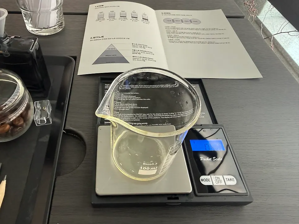 Testing scent combinations during Muhwawon's blending class