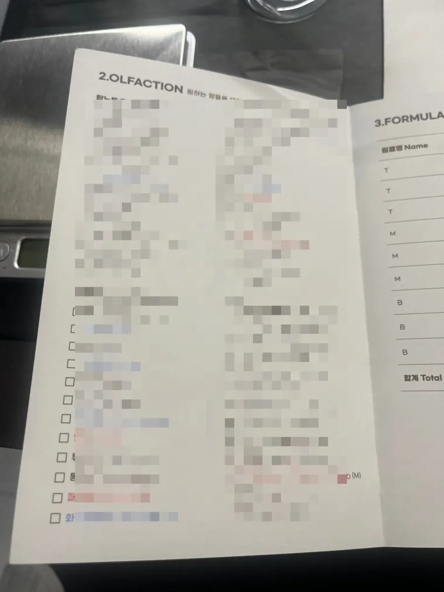 Perfuming checklist recording the chosen scents