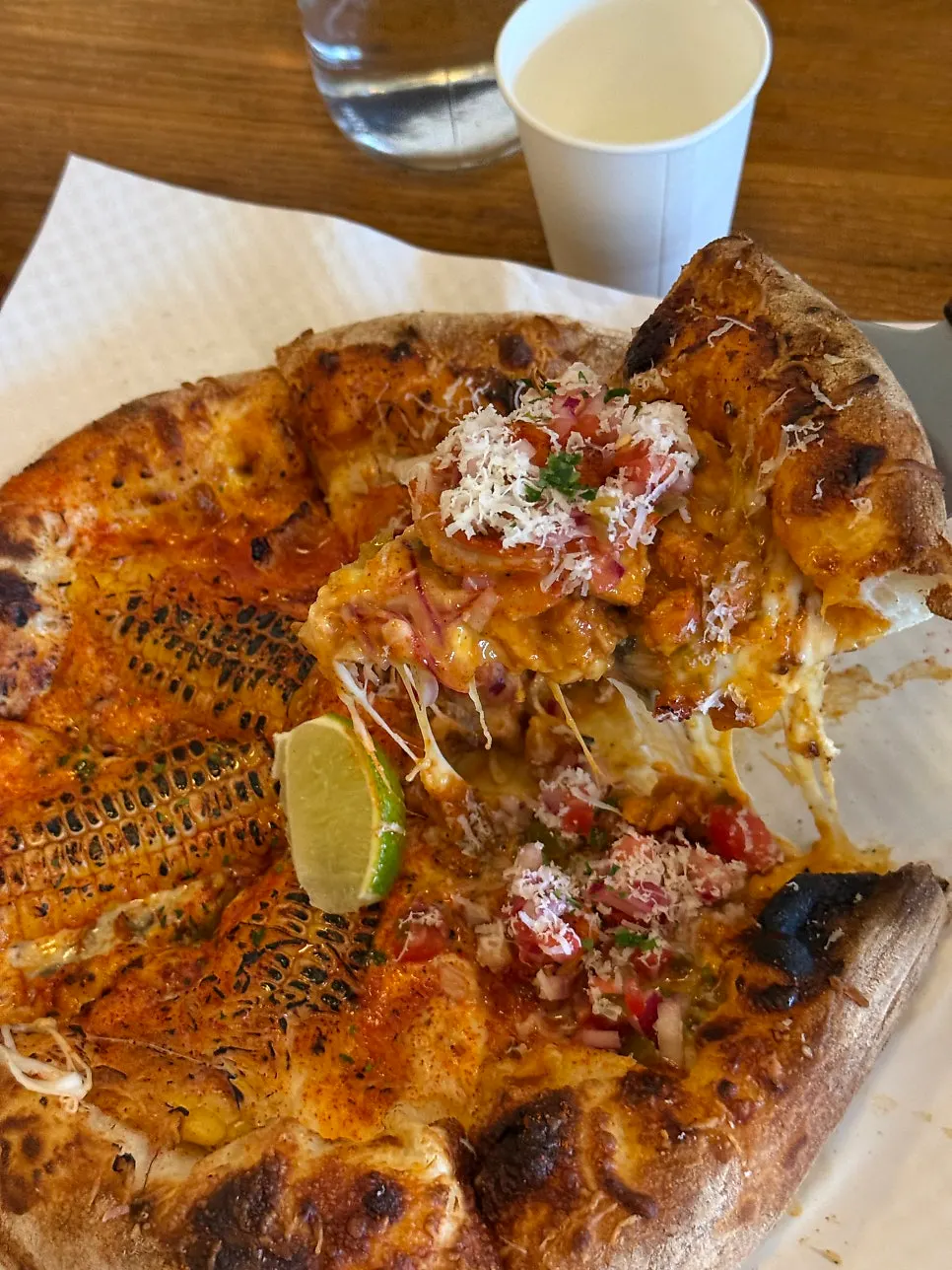 Corn pizza with chili shrimp and grilled corn