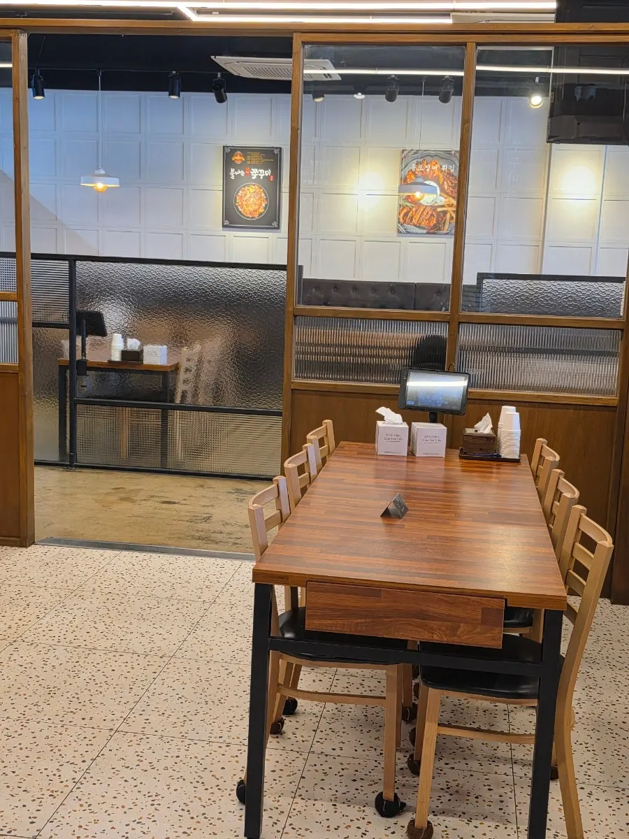 Wide, clean tables inside the restaurant