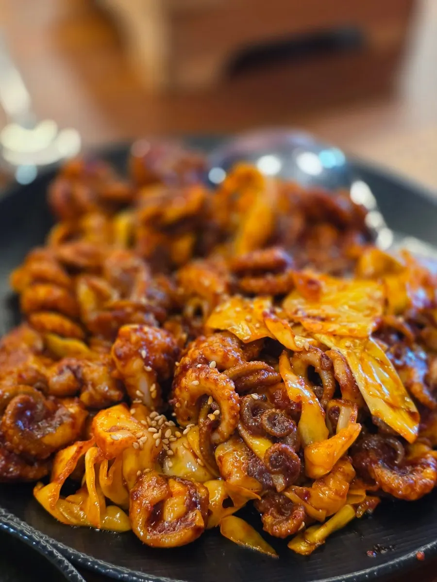 A generous portion of spicy jjukkumi stir-fry