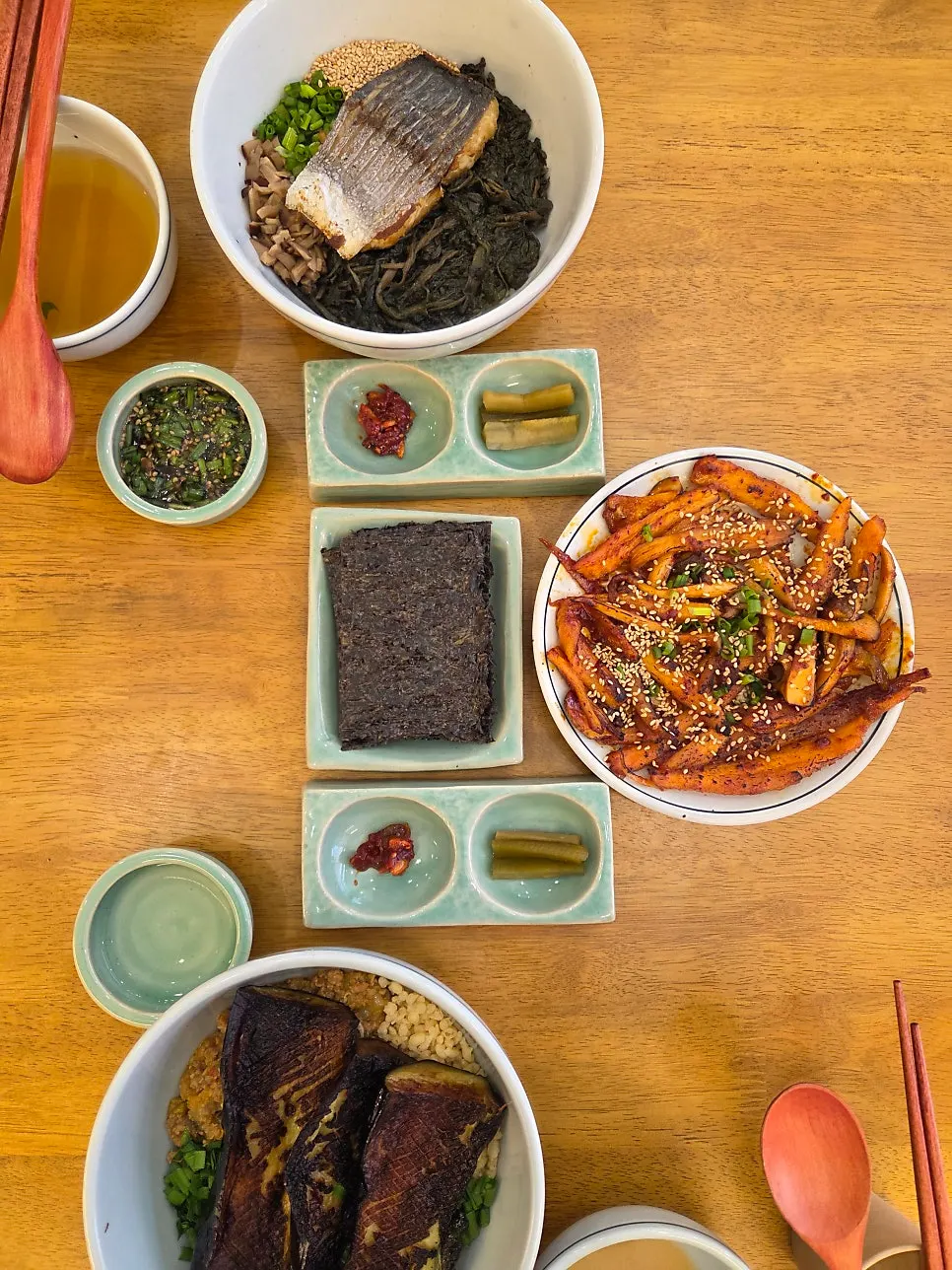 Eggplant doenjang rice bowl topped with grilled eggplant