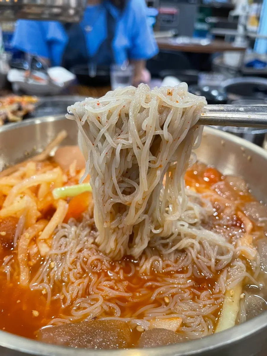 Mul naengmyeon topped with julienned radish