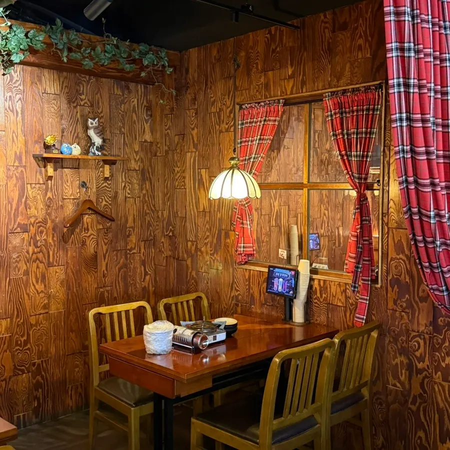 Wood interior and lighting with a mountain-lodge feel