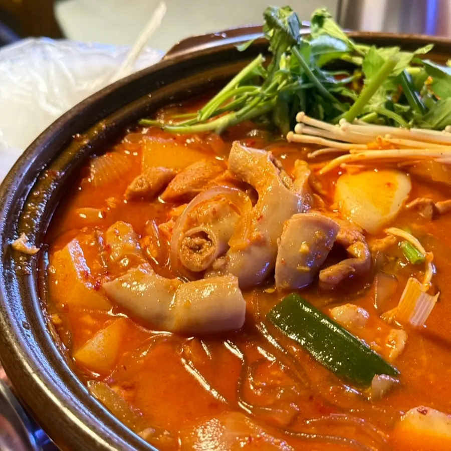 A plate with gopchang and chicken thigh meat served out