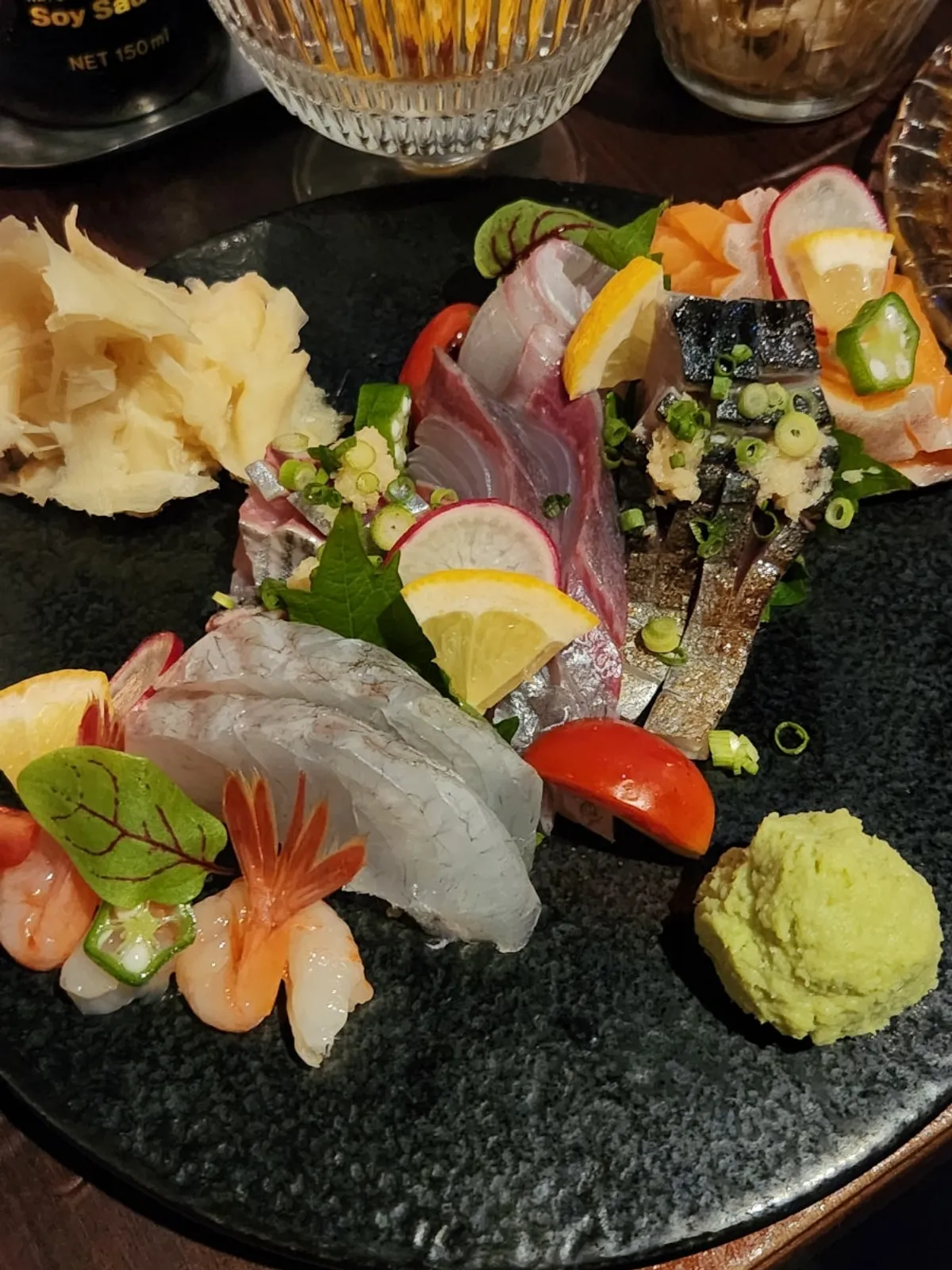 Sushi plate with egg sushi and salmon sushi