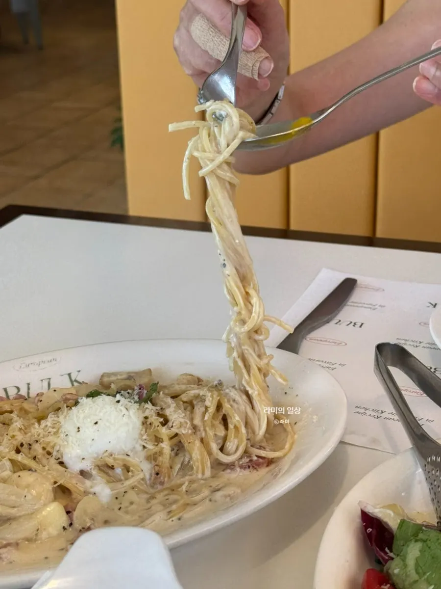 진한 크림소스 까르보나라 한 접시