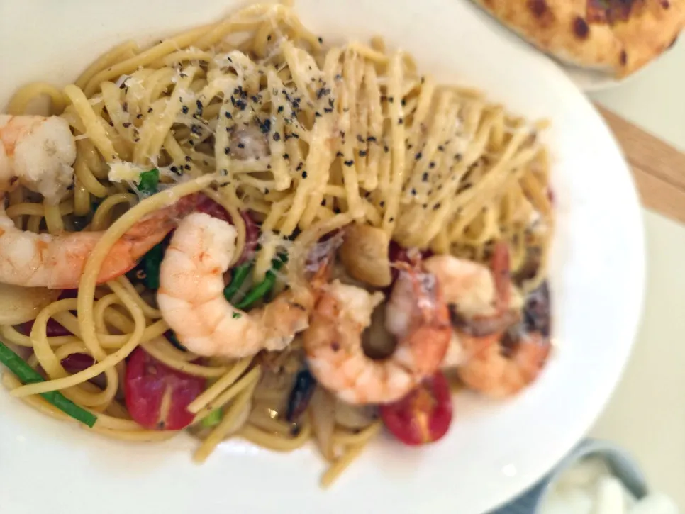 A plate of shrimp anchovy oil pasta