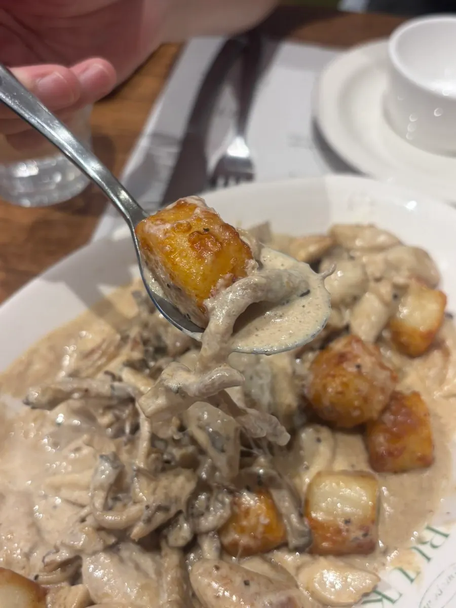 A spoonful of gnocchi and mushroom together