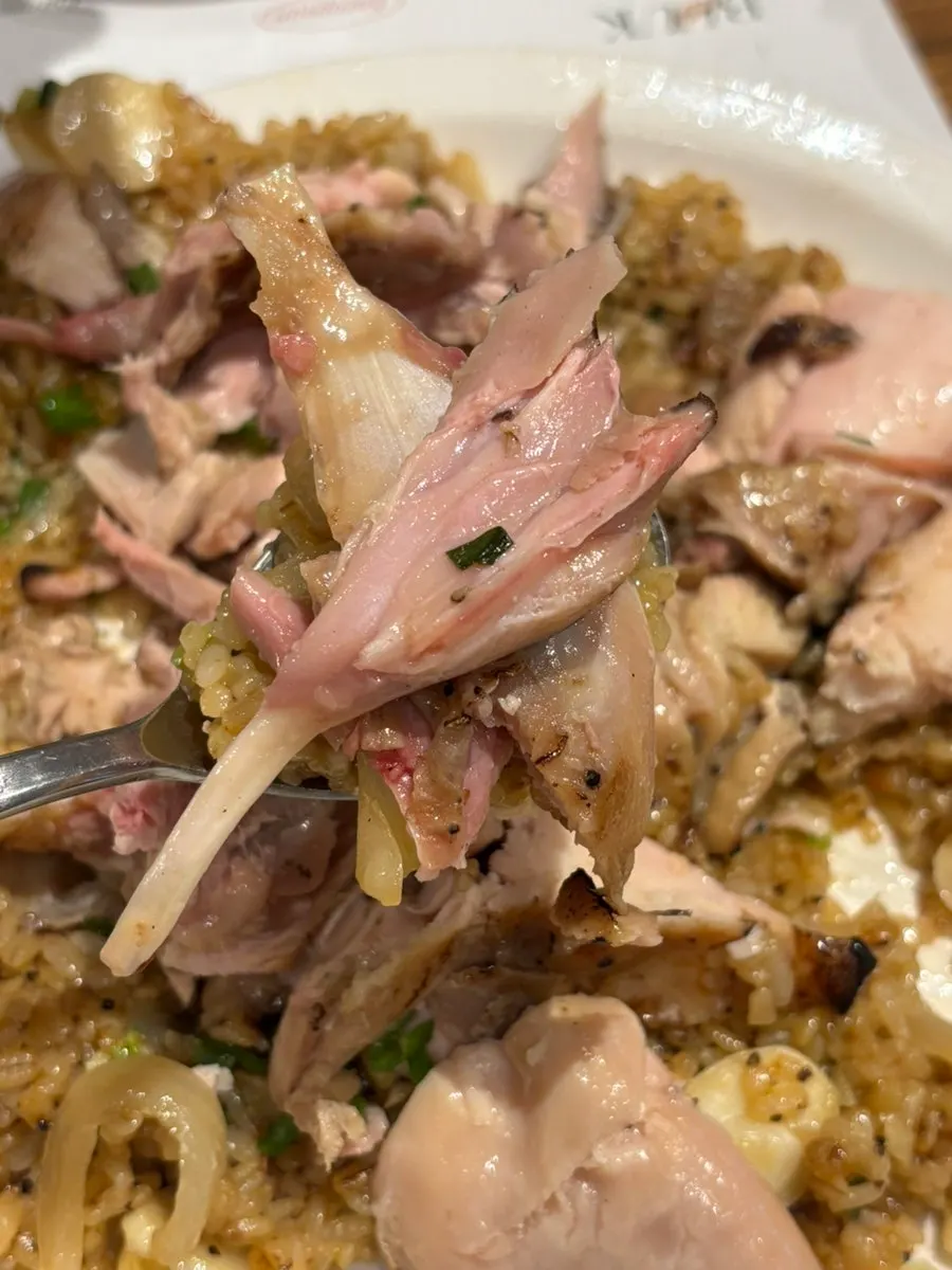 Chicken picked off the bone alongside the pilaf