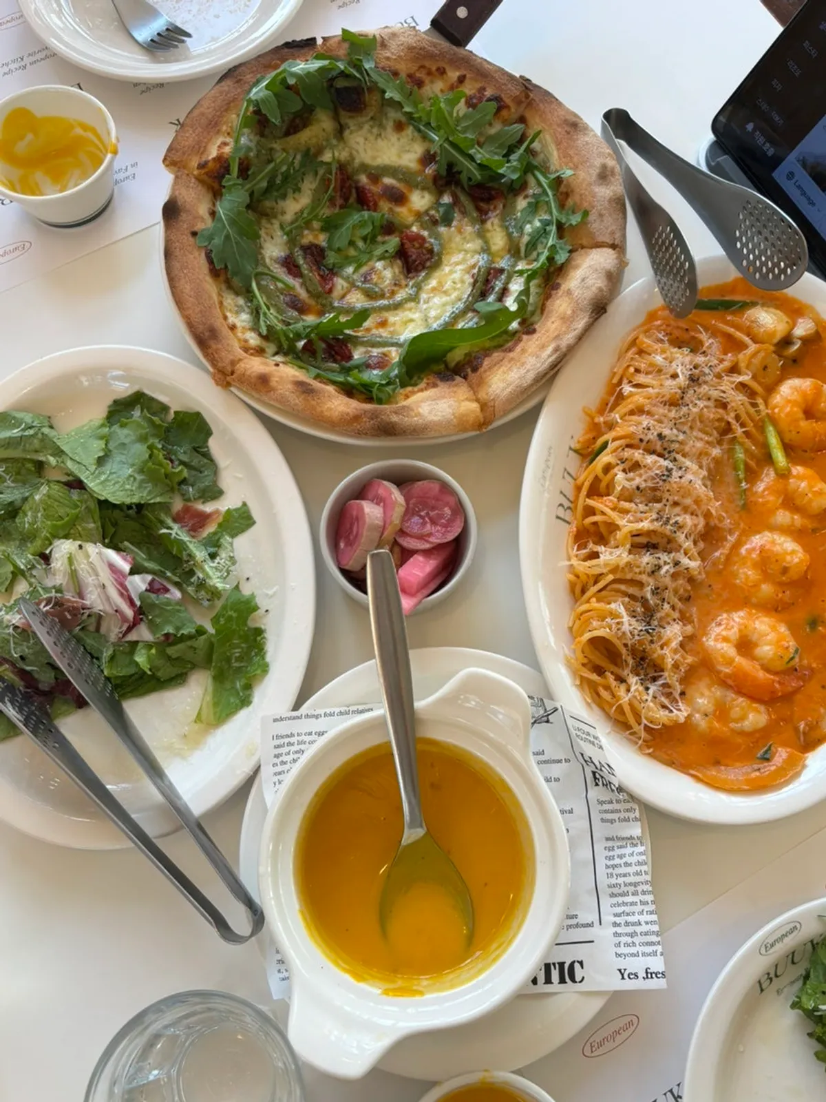 Pumpkin soup and jambon salad
