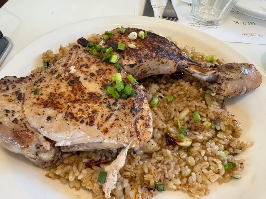 A plate of spicy kungpao chicken pilaf