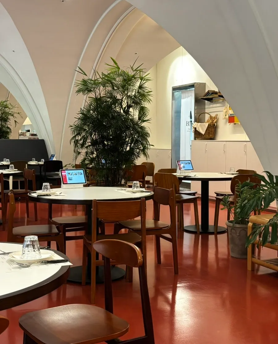 Interior del local con suelo borgoña y techo blanco