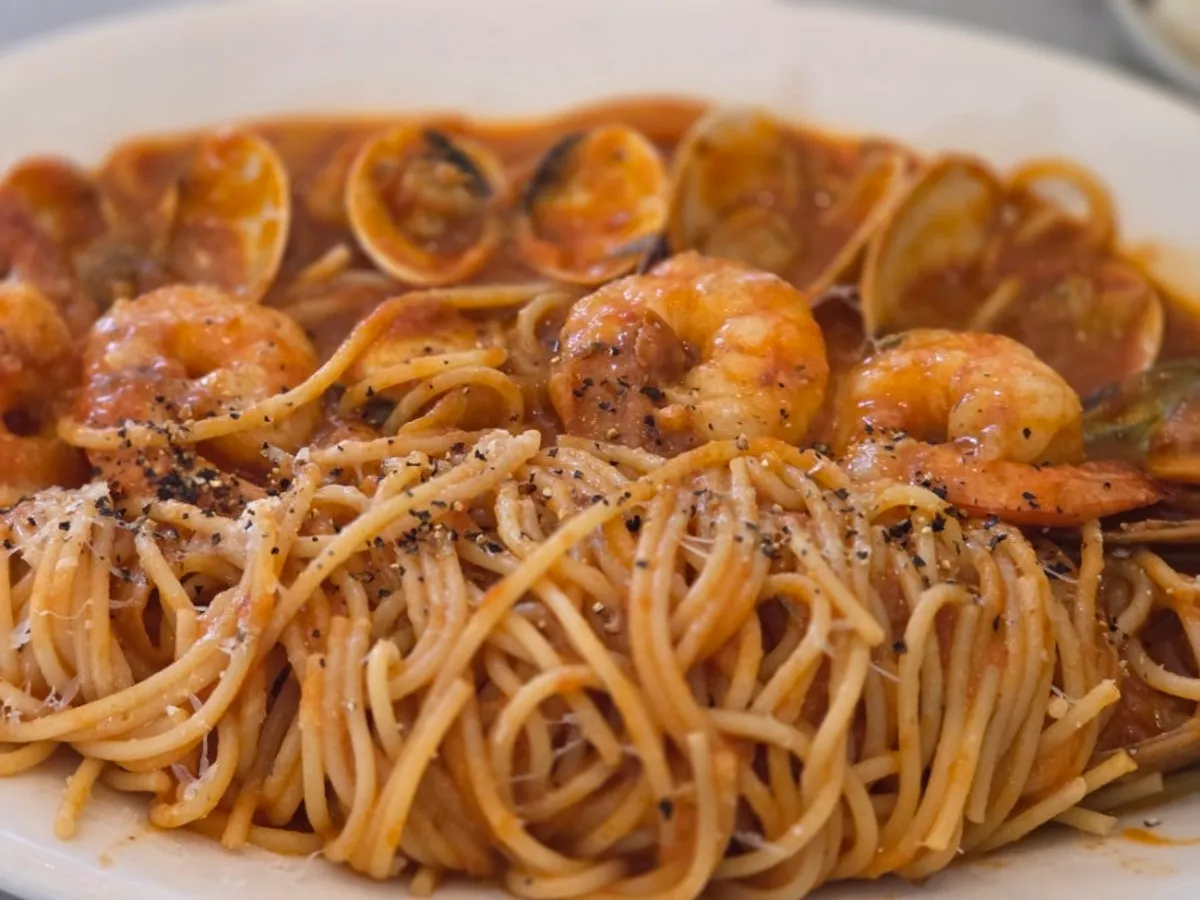 Seafood tomato pasta with shrimp and Manila clams