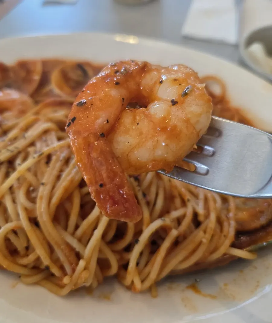 Shrimp from the seafood tomato pasta