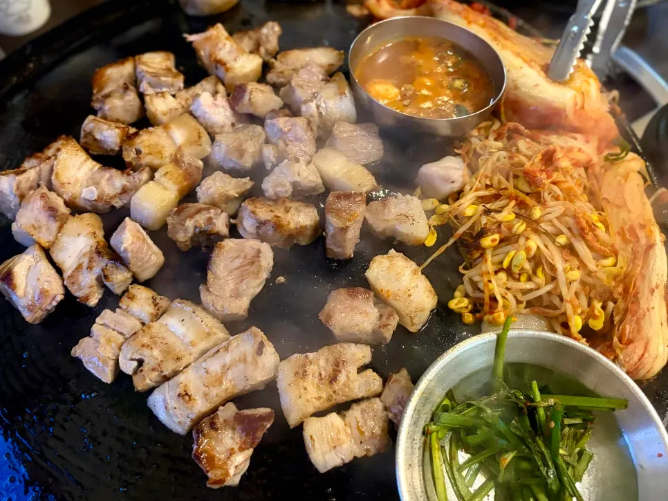 Kimchi, chives, and bean sprout sides