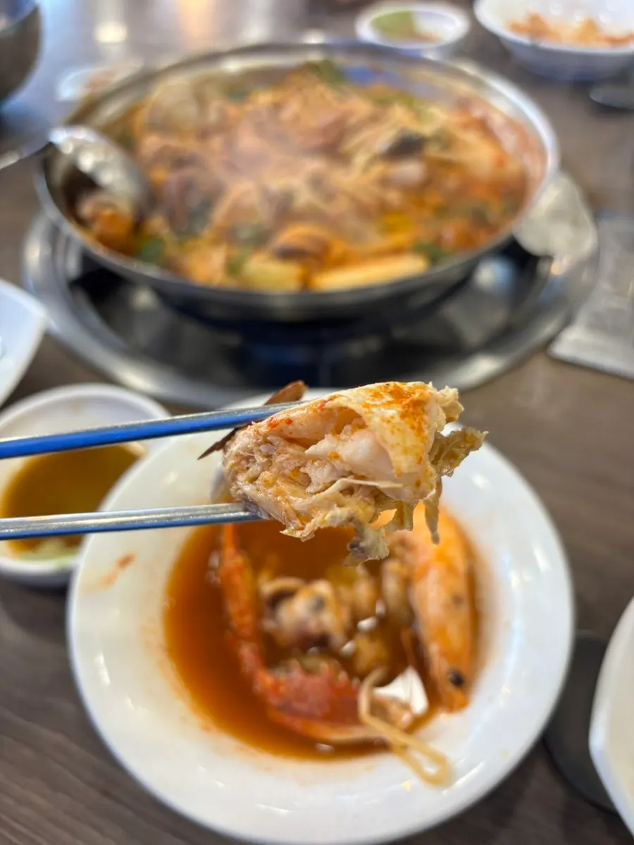국물을 떠 담은 해물탕 한 숟가락
