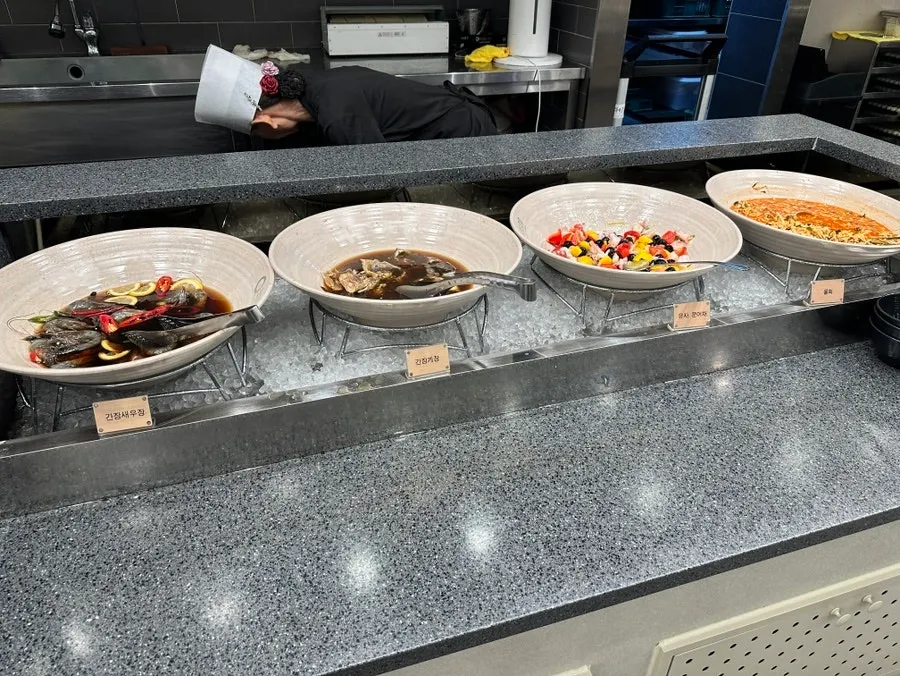 Buffet display with Korean snacks and fish cake